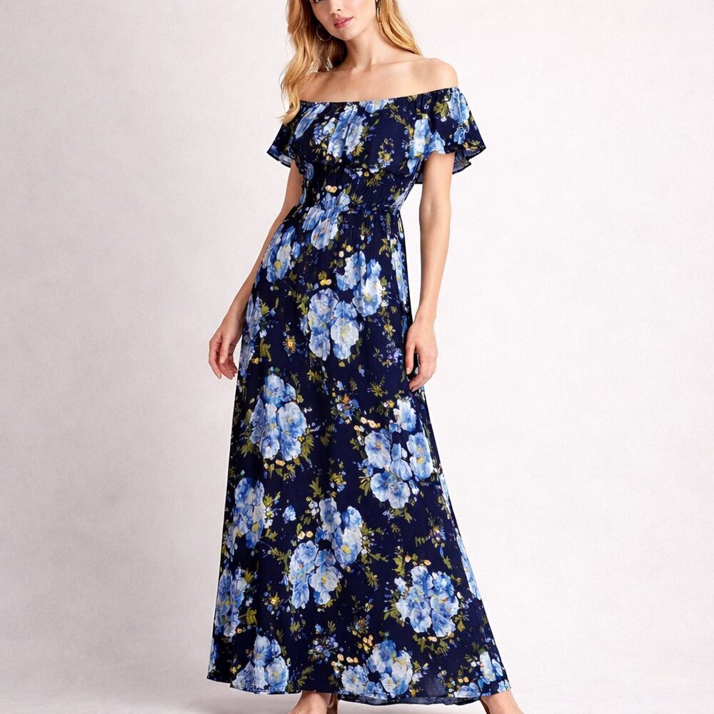 Nine Britton Off Shoulder Floral Maxi Dress Navy Blue L